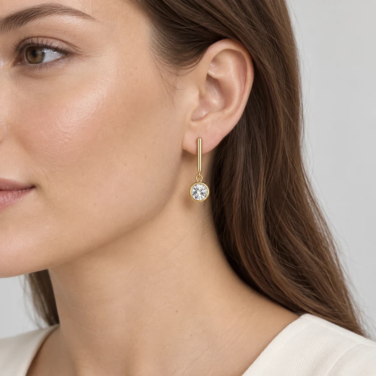 Bezel Solitaire Drops, 18k Solid Gold — worn on a model