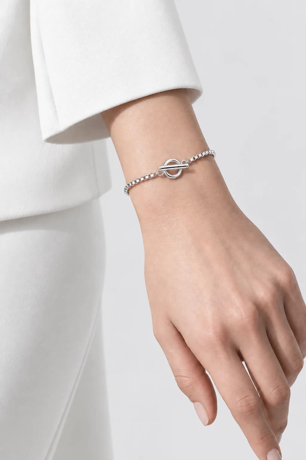 Fine Box Chain Bracelet, Sterling Silver — worn on a model