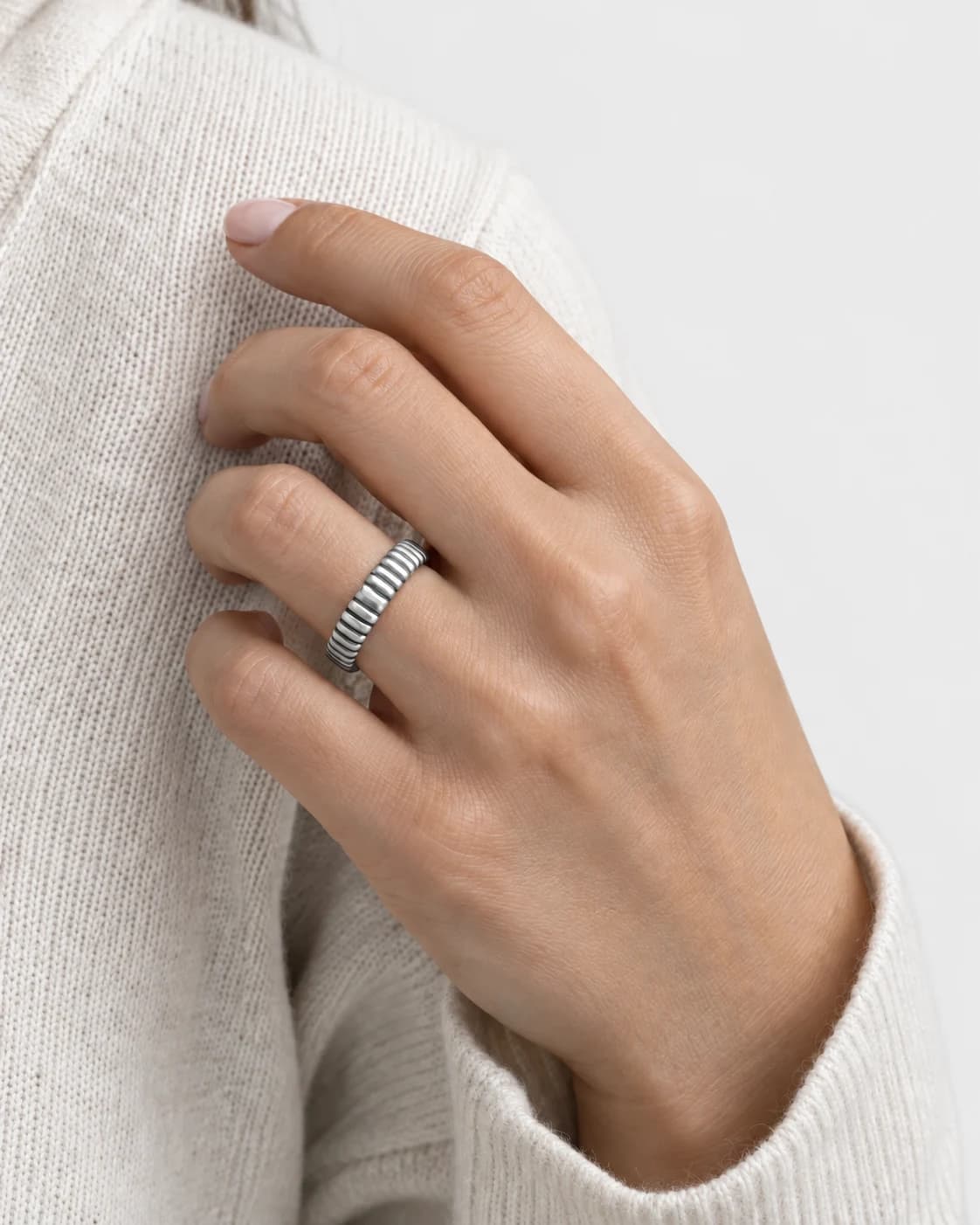 Ribbed Eternity Band, Sterling Silver — worn on a model