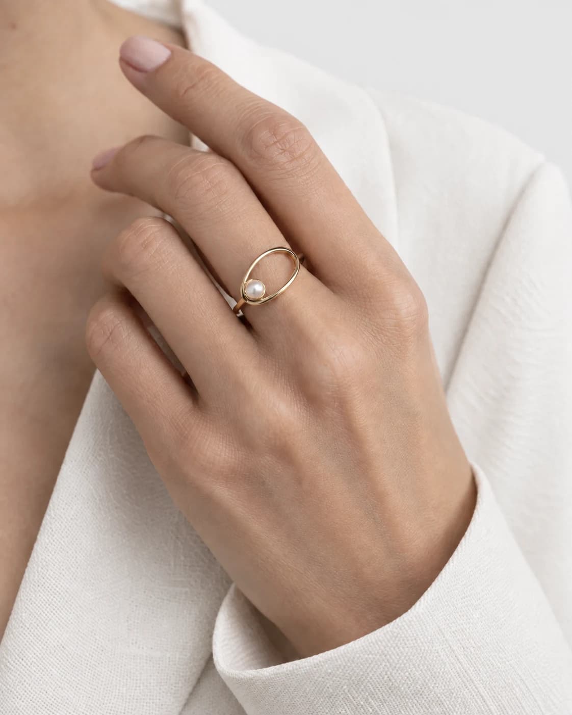 Seed Pearl Orbit Ring, 14k Solid Gold — worn on a model