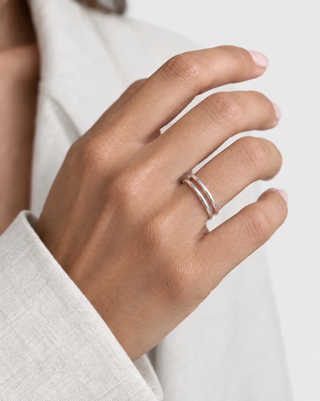 Split Gauge Ring, Sterling Silver — worn on a model