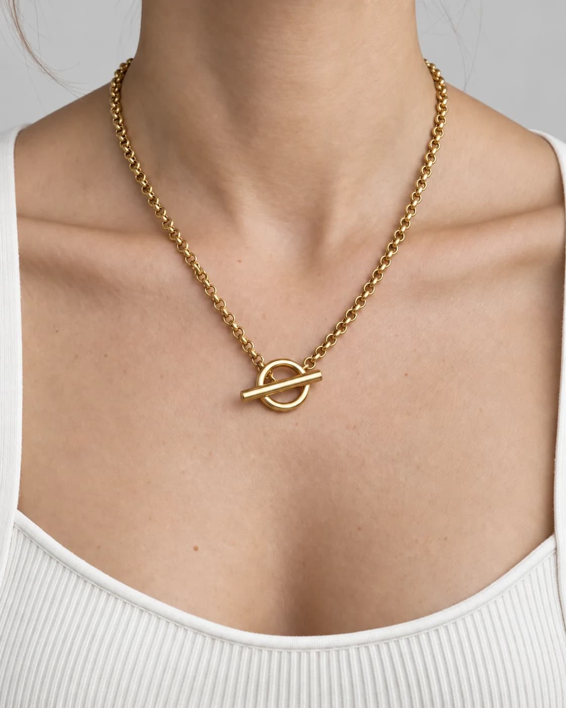 T-Bar Minimalist Toggle, 18k Gold Vermeil — worn on a model